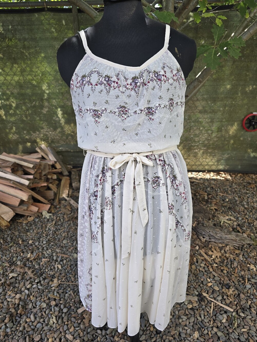Vtg 70's Cream Semi Sheer Floral Midi Dress Boho Chic Hippie Folk Cottagecore